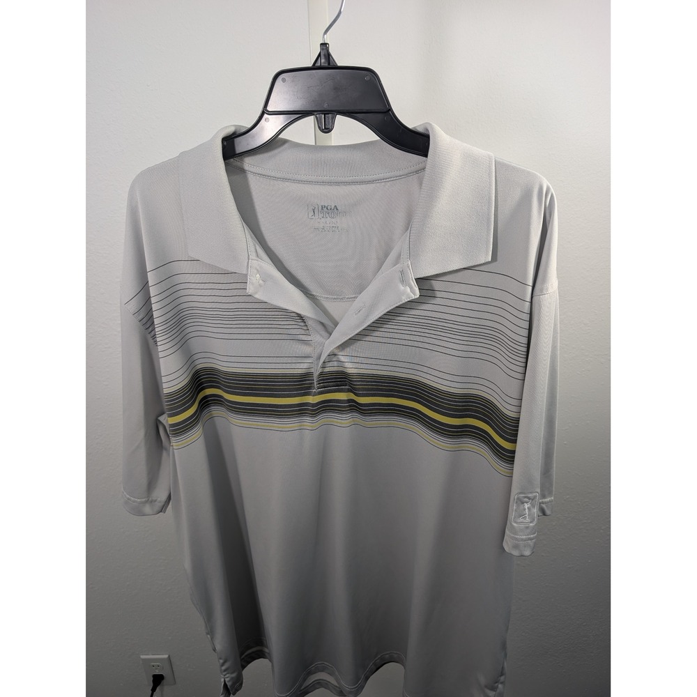 PGA Tour Mens Polo Shirt XL Grey Striped Short Sleeve Golf Performance Top